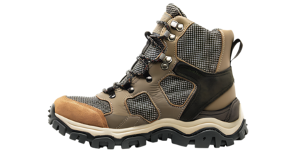 Side view of a hiking boot with brown and gray tones and a lug sole on a neutral setting