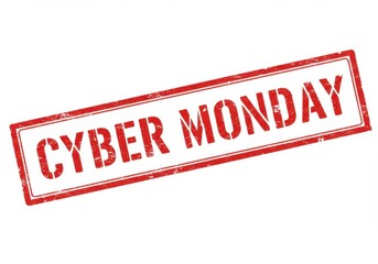Bold red stamp with cyber monday text indicating a special online shopping event