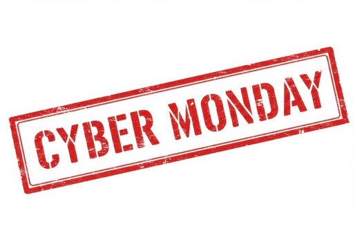 Bold red stamp with cyber monday text indicating a special online shopping event