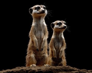 Fototapeta premium Two adorable meerkats stand alert on a mound, showcasing their playful nature against a dark background.