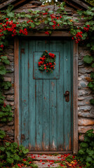 Charming rustic teal painted wooden door adorned with vibrant red flowers and green vine garland, set in a stone wall, evoking a welcoming home garden concept, suitable for autumn greeting cards.