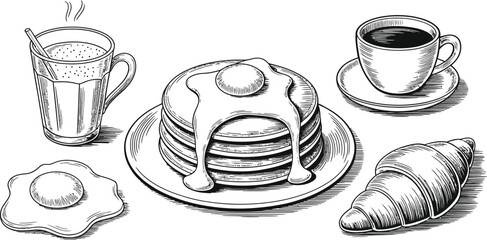 Illustration of breakfast items with pancakes egg croissant and coffee cup