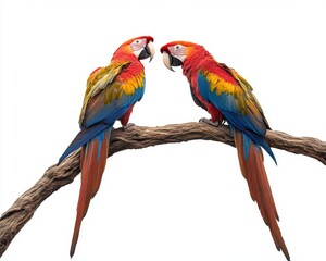 Fototapeta premium Two vibrant scarlet macaws sit on a branch, showcasing their stunning red, blue, and yellow feathers in a striking pose.