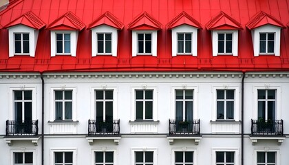 Obraz premium White Building Facade with Red Roof and Dormer Windows Repeating Pattern Architecture