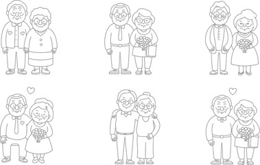 Illustrations of elderly couples in various poses and outfits in black and white