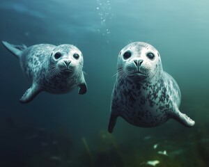 Naklejka premium Two curious seals swim underwater, showcasing their distinctive spotted coats in a tranquil marine environment.