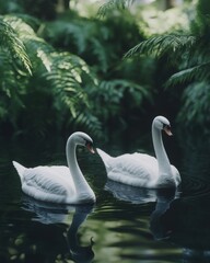 Obraz premium Two elegant white swans glide gracefully on a serene pond surrounded by lush greenery.