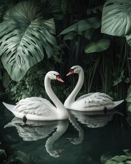 Obraz premium Two elegant white swans gracefully facing each other in a serene, lush green setting.