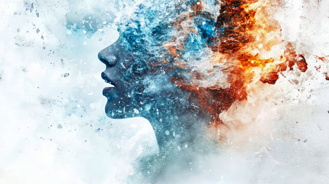 An abstract portrait of a human mind, showcasing the powerful duality of emotion and thought, blending cool blue and warm fiery elements in a dynamic splash, ideal for conceptual art and contemplativ