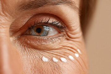 A woman applies hydrating cream under her eye in a skincare routine, showcasing her mature skin and natural beauty