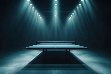 A dramatic, dimly lit table tennis scene featuring a single table under beams of light.