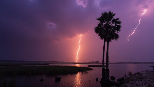 Dramatic Lightning Strike over Tropical Lagoon, Palm Trees Silhouette, Nature Photography, Ideal for Travel, Weather, and Climate Change Designs