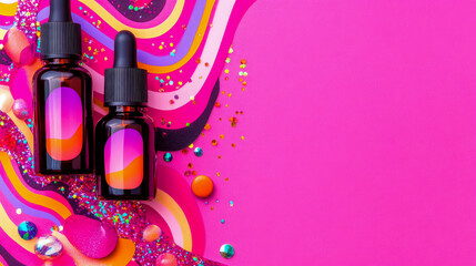 Vibrant Beauty Serum Dropper Bottles on a Colorful Swirl Surface with Glitter Accents, Ideal for Cosmetic Product Promotion or Skincare Advertisement Banner