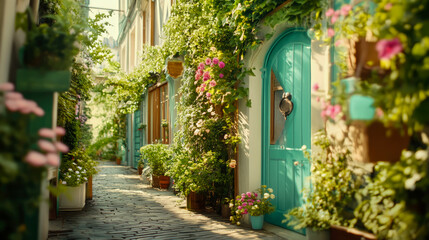 Fototapeta premium A picturesque European pathway adorned with vibrant green plants and blooming flowers, bathed in warm sunlight, evoking a tranquil spring atmosphere, suitable for print or greeting card.
