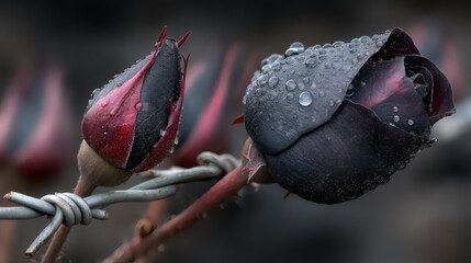 Dark Emotions and Hope – Black Rose Buds with Dew on Barbed Wire, Moody Macro Photography