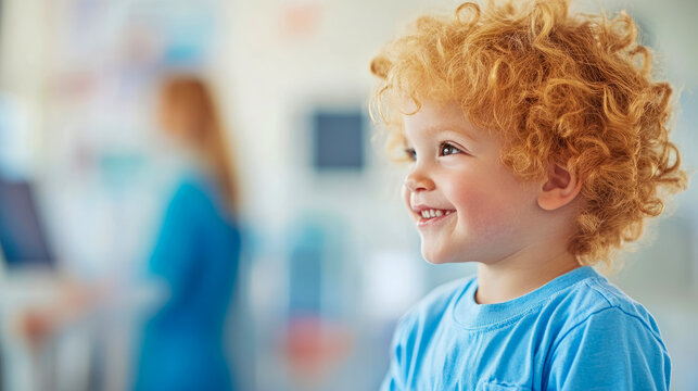 Close up of a happy ginger-haired child with curly locks, smiling warmly and looking forward, symbolizing innocent childhood joy and wellbeing.