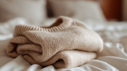 Soft beige sweater folded on a bed