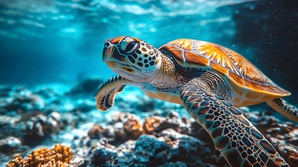 Obraz premium Serene sea turtle swimming amidst vibrant coral reef