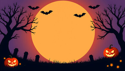 Spooky halloween night scene with full moon and jack o lanterns