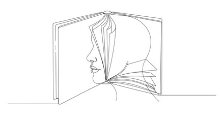 Open Book to Human Head Line Art – Minimalist Knowledge and Learning Vector on White Background