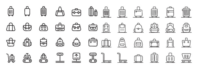 Collection of Luggage Icons Depicting Various Types of Bags and Transportation Equipment in Outline Style on Transparent Background for Travel and Logistics