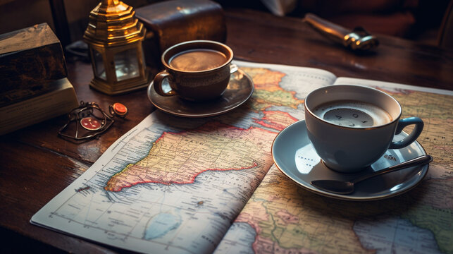Photo of a cup of coffee sits on an antique map with vintage travel accessories creating a sense of adventure - Powered by Adobe