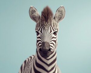 A young zebra with striking black and white stripes against a soft blue background, exuding a playful spirit.