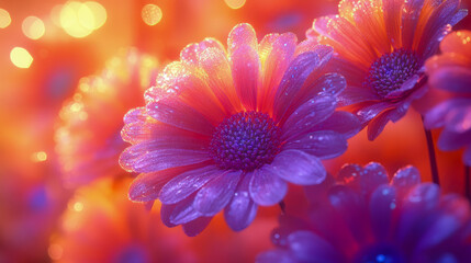 Luminous magenta and violet blossoms sparkling with golden light, creating an ethereal aura for festive celebration events or bright abstract art.