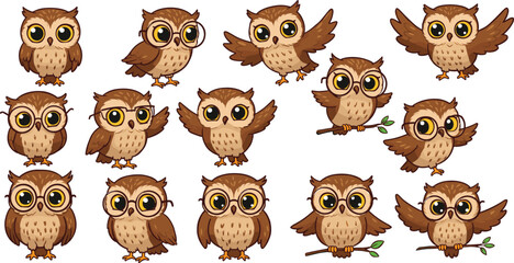 Cute Cartoon Owl Characters in Various Poses – Adorable Forest Bird Clipart for Lifestyle, Education, and Kids Themes
