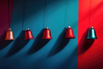 Elegant christmas bells hanging on vibrant red and green wall with dramatic shadows
