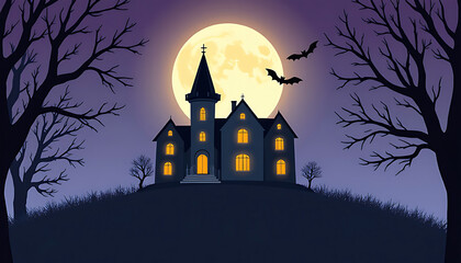 Spooky haunted mansion on a hill under a full moon with bats flying