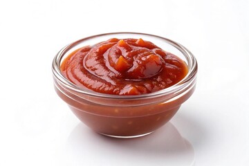 A small glass bowl filled with chunky tomato salsa sauce isolated on white background