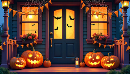Obraz premium Festive halloween decorated house porch with glowing jack o lanterns