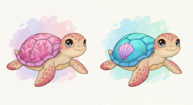 Two cute cartoon turtles in pastel colors