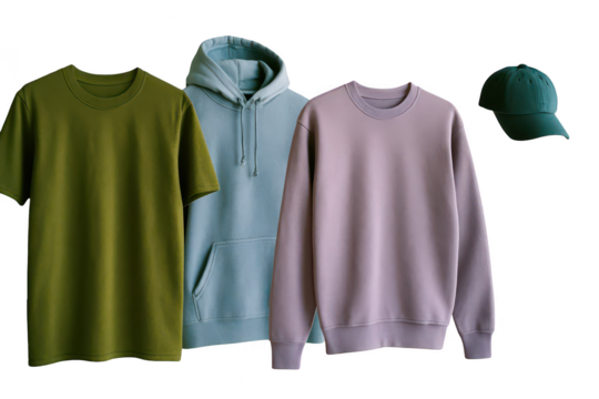 Assorted plain colored apparel displayed on hangers.