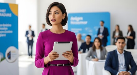 Woman holding tablet at conference with audience image