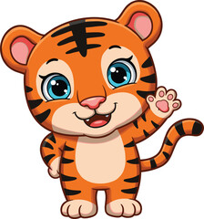 Cute Cartoon Tiger Cub Waving Paw – Jungle Animal Character for Kids Books, Learning Materials, Mascot Design, and Animation
