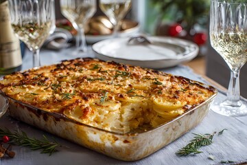festive layered potato bake with cheese and rosemary garnish

