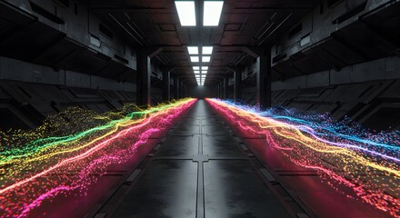 Futuristic corridor with glowing neon light trails, creating a vibrant and dynamic visual effect