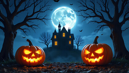 Fototapeta premium Spooky halloween night with carved pumpkins and haunted castle under a full moon