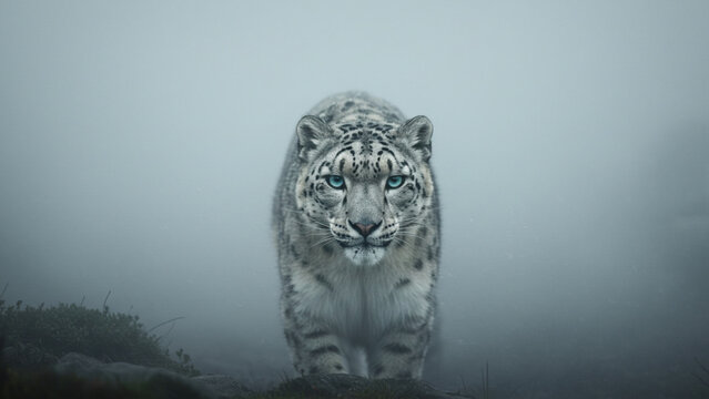 Majestic snow leopard emerging from mountain fog, piercing blue eyes, mystical atmosphere