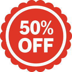 A red price tag shows an offer of fifty percent discount clearly
