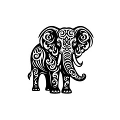 An elephant with ornate designs isolated on white background