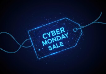 Futuristic neon blue tag announces cyber monday sale with glowing digital lines on dark background