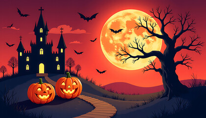 Fototapeta premium Spooky halloween night with haunted castle full moon and jack o lanterns