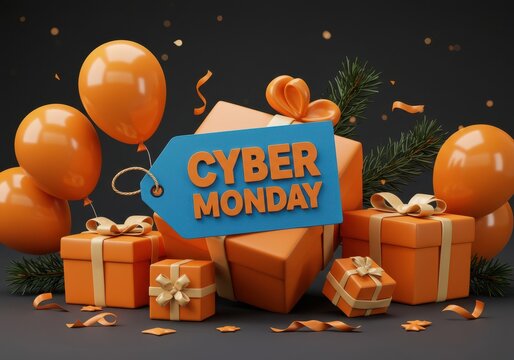 Cyber monday sale celebration with orange gift boxes balloons and festive confetti