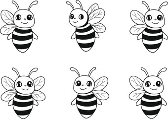 Obraz premium Cute bee cartoon set, smiling honeybee illustrations, kids friendly insect characters, striped wings, adorable bug vector collection