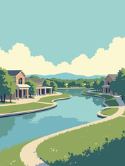 Bolingbrook, IL – Hidden Lakes park and shopping promenade in lake blue, promenade gray, lawn green, and sky gold