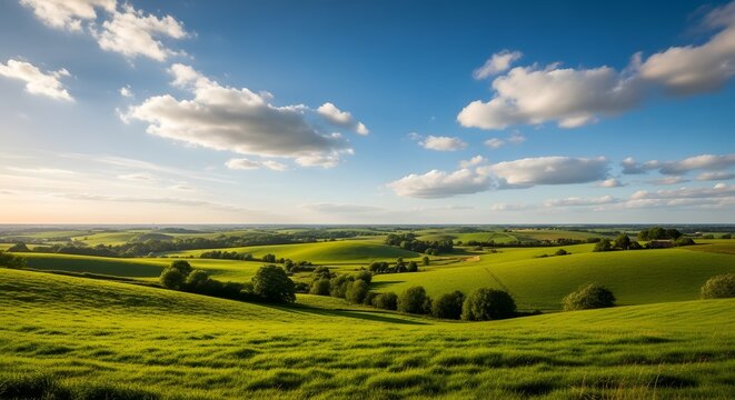 Rolling green hills under a blue sky with white clouds 2