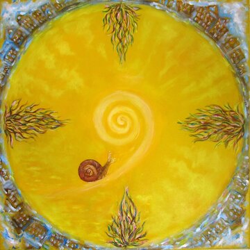 "Snail in a Sunny Lake" is my symbolic oil painting about self-knowledge and inner journey. 50x50 cm, oil painting, 2020. oil painting 